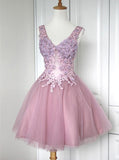 Chic A-Line V-neck Tulle Homecoming Dress, Sweeth 16 Dress With Appliques GM188