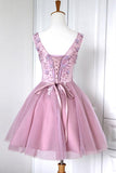 chic a line v neck tulle homecoming dress sweeth 16 dress with appliques