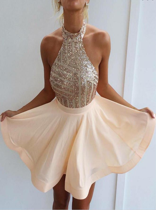 Sexy Sparkly Halter Short Prom Dress Backless Cocktail Party Dresses GM184