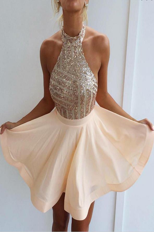 sparkly halter short prom dress backless cocktail party dresses