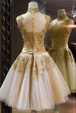 Tulle High Neck Gold Lace Appliques Knee Length Homecoming Party Dresses GM189