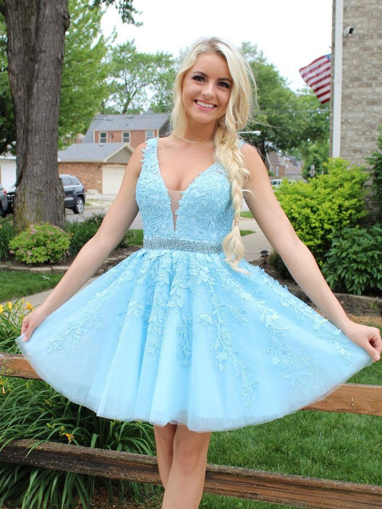 a line v neck ice blue homecoming dress lace appliques short prom dresses