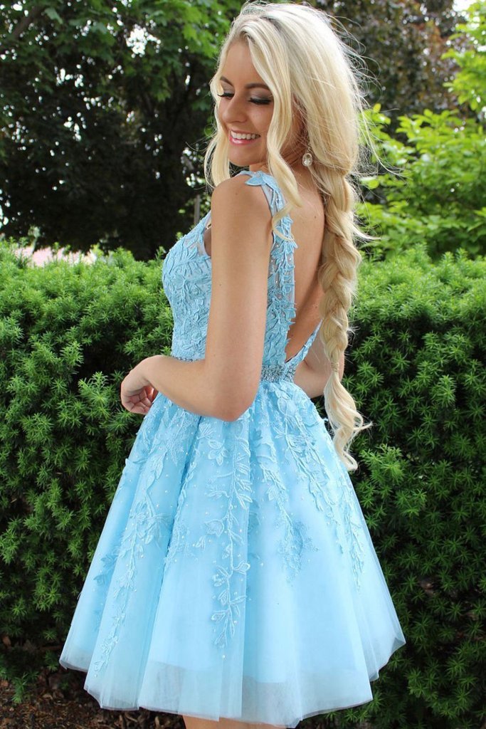 A-line V-neck Ice Blue Homecoming Dress, Lace Appliques Short Prom Dresses GM190