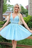 A-line V-neck Ice Blue Homecoming Dress, Lace Appliques Short Prom Dresses GM190