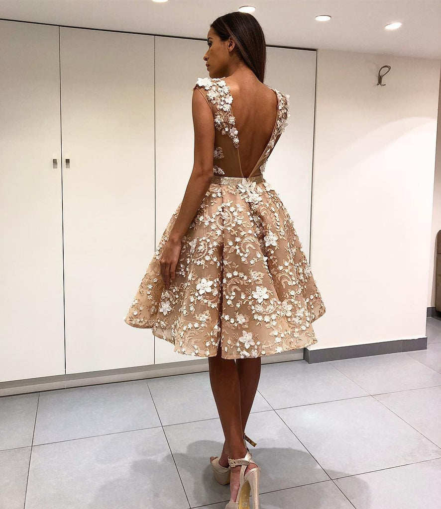 a line scoop appliques knee length prom dresses backless party dress