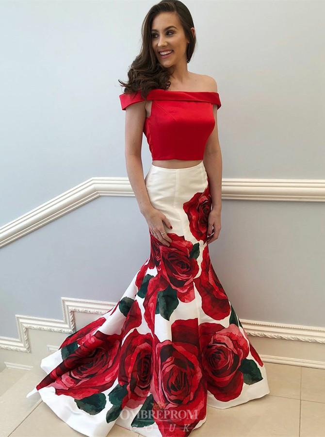 off the shoulder floral printed two piece prom dresses