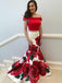 off the shoulder floral printed two piece prom dresses