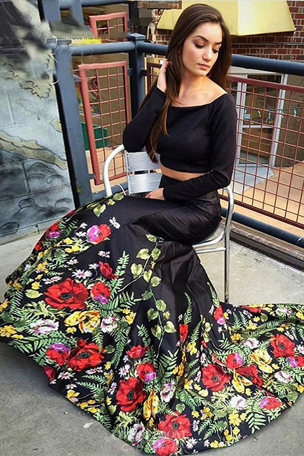 off the shoulder long sleeves two piece mermaid black prom dresses