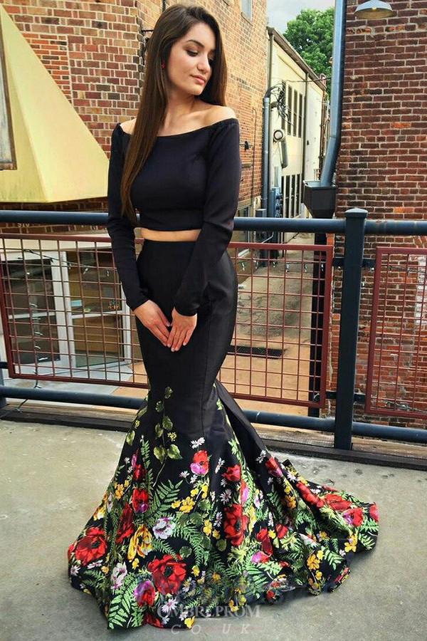 off the shoulder long sleeves two piece mermaid black prom dresses