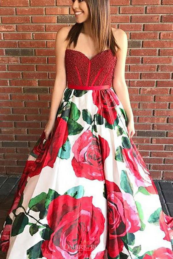 a line sweetheart rose printed prom dresses with beading