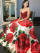a line sweetheart rose printed prom dresses with beading