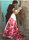 two piece crew floral printed prom dresses long formal gown