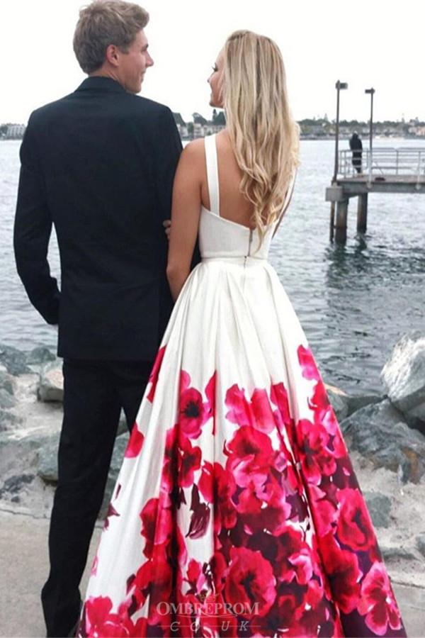 two piece crew floral printed prom dresses long formal gown