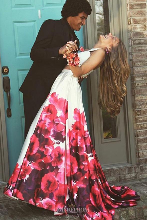two piece crew floral printed prom dresses long formal gown