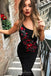 one shoulder mermaid black prom dresses with red embroidery