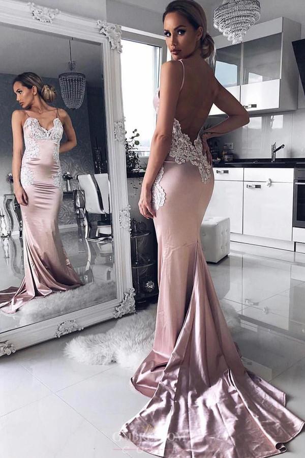 mermaid spaghetti prom dresses with appliques backless evening gown
