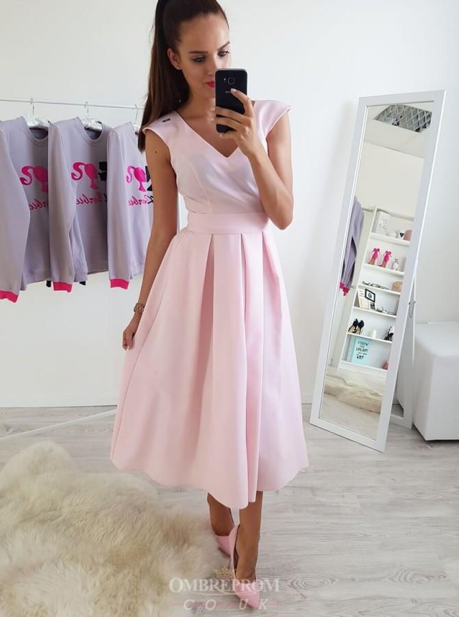 simple a line v neck ankle length pink prom dresses