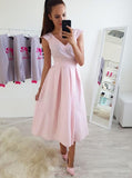 Simple A-Line V-neck Ankle-Length Pink Prom Dresses GM223