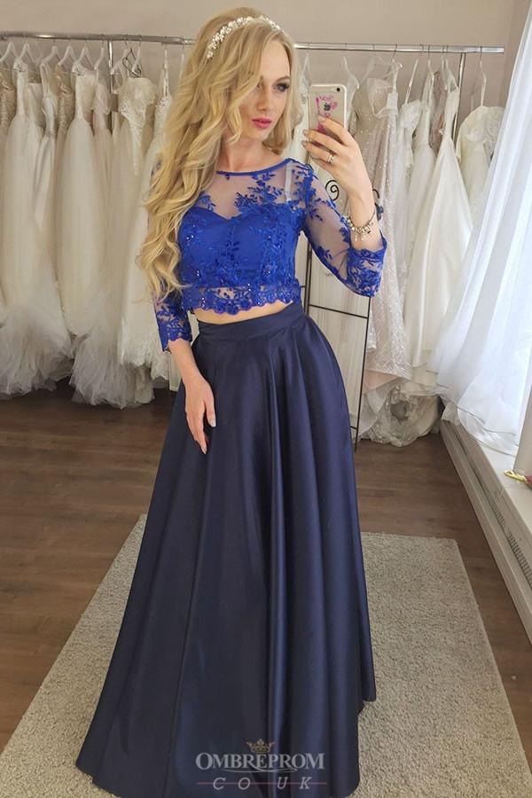 dark blue two piece prom dresses 3 4 sleeves appliques graduation gown
