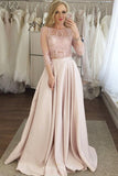 Two Piece Jewel 3/4 Sleeves Pink Prom Dresses with Pockets MP248
