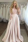 Two Piece Jewel 3/4 Sleeves Pink Prom Dresses with Pockets MP248
