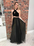 black prom dresses with keyhole two piece halter evening gown