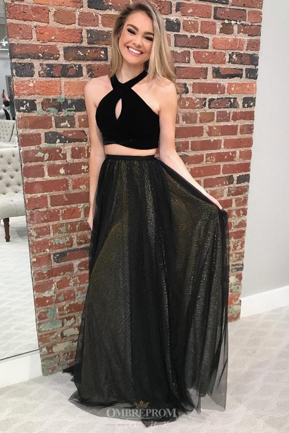 black prom dresses with keyhole two piece halter evening gown
