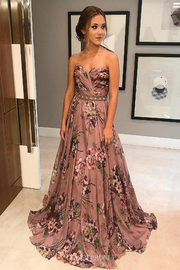 floral print prom dresses a line sweetheart beading waist party gown