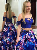 Drop Sleeves Two Piece Royal Blue Flowers Printed Prom Dresses with Pockets MP253