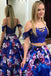 drop sleeves two piece royal blue flowers printed prom dresses with pockets