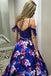 drop sleeves two piece royal blue flowers printed prom dresses with pockets