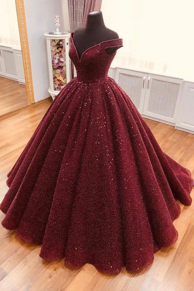 Sparkly Burgundy Quinceanera Dress V neck Ball Gown Prom Dress MP706