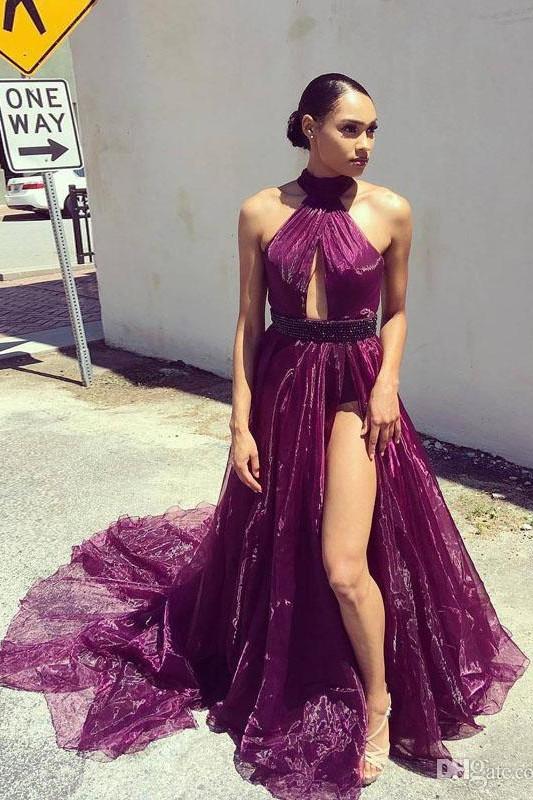 purple halter long prom dress with beading wasit split evening gown