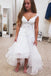 a line v neck high low tulle short beach wedding dress