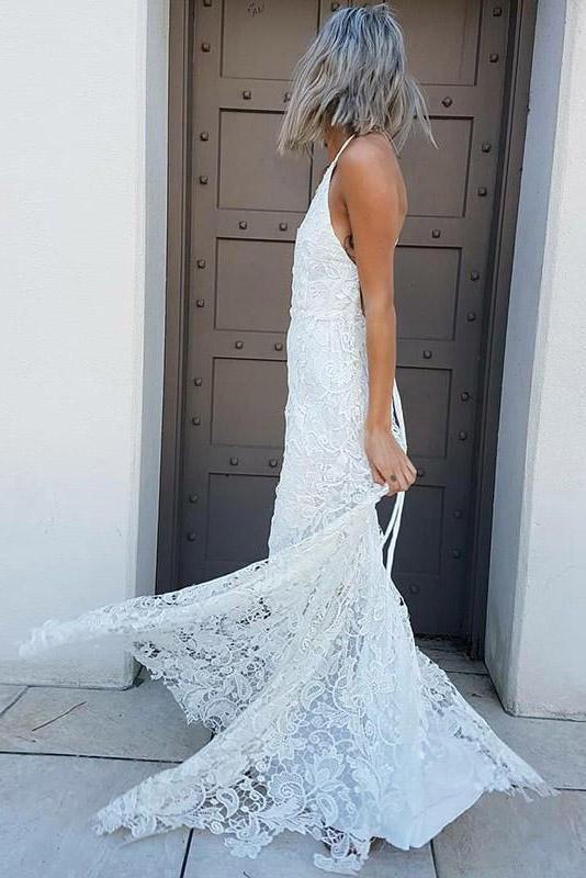 halter lace beach wedding dress sheath lace bridal gown
