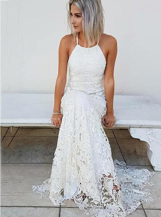 Simple Halter Mermaid Lace Beach Wedding Dress PW211