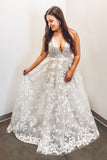 Elegant A-line V-Neck Appliques Long Plus Size Lace Wedding Dress PW215