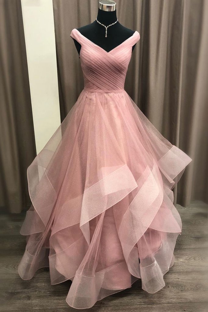 a line off shoulder tulle long prom dress with layered