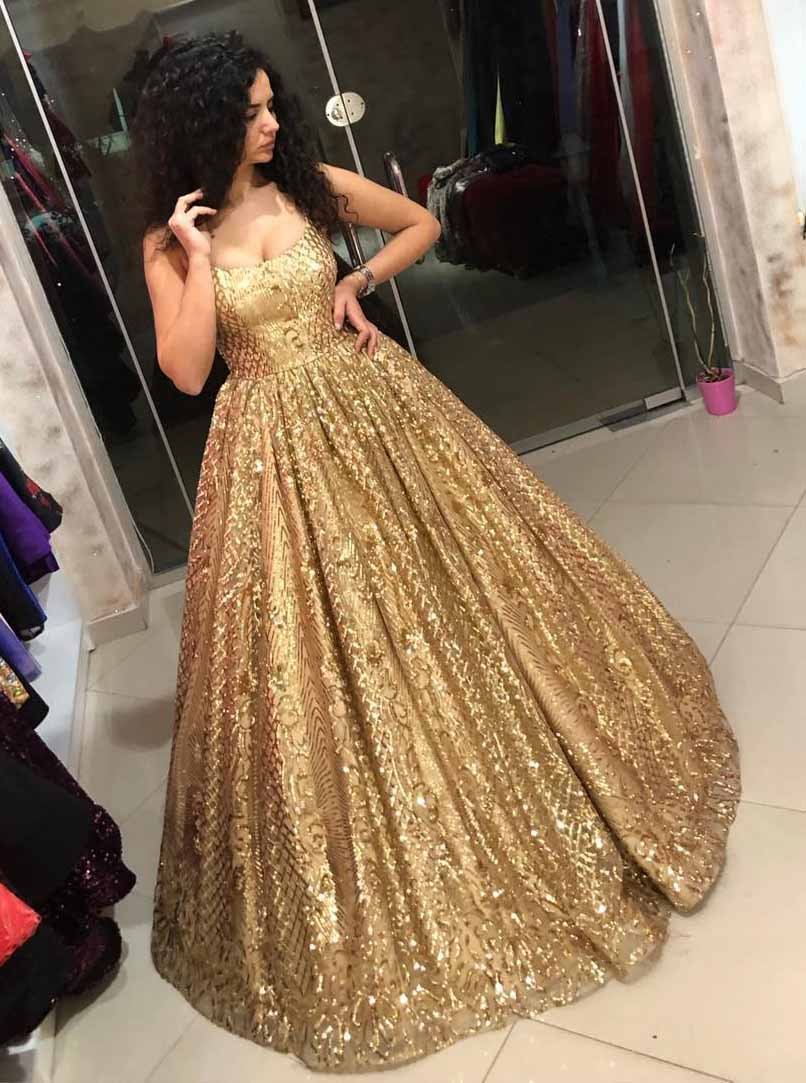 Straps Sequins Ball Gown Quinceanera Dress Gold Prom Dress MP338