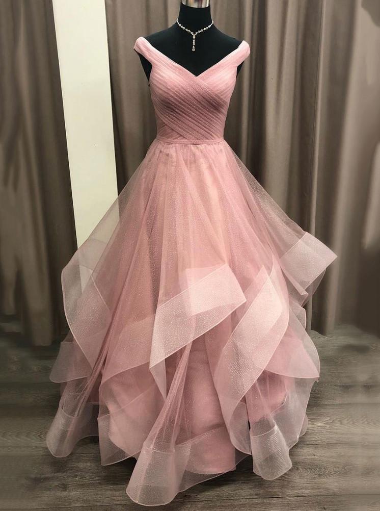 a line off shoulder tulle long prom dress with layered
