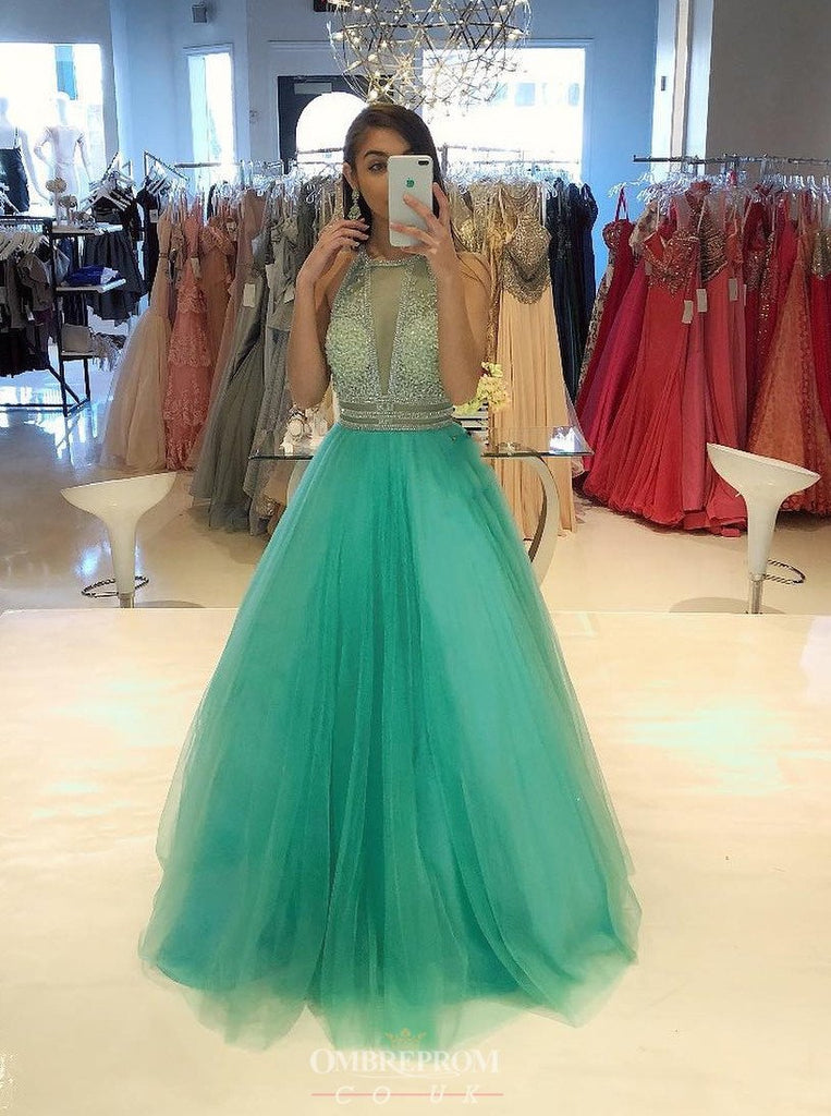 elegant a line high neck beading formal gown long prom dress