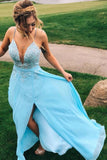 Spaghetti Straps Chiffon Lace Appliques Blue Long Prom Dress With Slit MP318