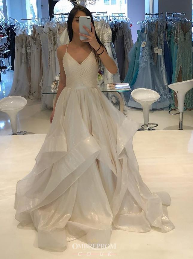 a line v neck long prom dress sparkle ruffles wedding dress