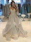 A-Line V-neck Long Prom Dress, Sparkle Ruffles Wedding Dress MP321