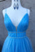 v neck blue long prom dresses tulle formal dress with beading