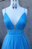 V-Neck Blue Long Prom Dresses Tulle Formal Dress with Beading MP214