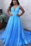 v neck blue long prom dresses tulle formal dress with beading