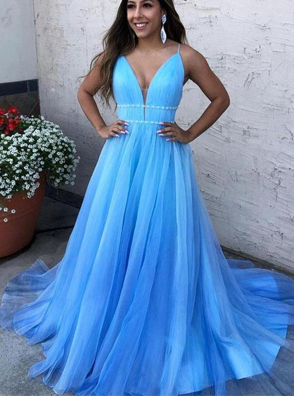 V-Neck Blue Long Prom Dresses Tulle Formal Dress with Beading MP214