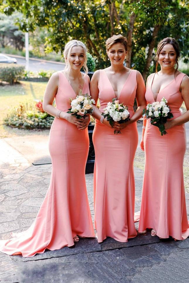 pink simple v neck satin long trumpet bridesmaid dresses