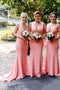 Pink Simple V-Neck Satin Long Trumpet Bridesmaid Dresses PB129